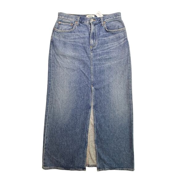 NWT AGOLDE Leif Low Slung Denim Maxi Skirt in Swing Blue Front Slit Size 26 - Picture 2 of 13